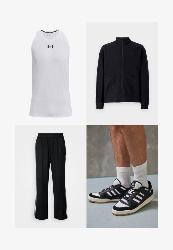Fekete, cipzáros dzseki, textúrált anyagból, álló gallérral, két elülső zsebbel és rugalmas mandzsettával. Diszkrét logó részlet.; Fehér ujjatlan trikó, puha anyagból készült, kerek nyakkivágással és fekete Under Armour logóval a mellkasán.; Fekete sportnadrág rugalmas derékrésszel, fehér oldalsávokkal és egy kis logóval. Az anyaga lágy és könnyűnek tűnik.; Fekete-fehér tornacipők velúr és bőr felsőrésszel, három fehér csíkkal, perforált orral és gumi talppal.