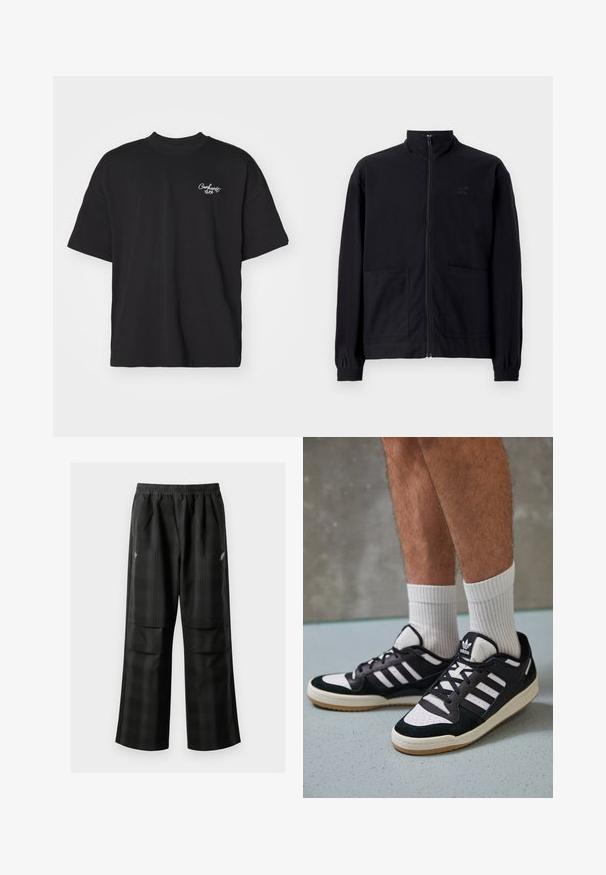 Giacca nera con zip realizzata in tessuto testurizzato, dotata di colletto alto, due tasche frontali e polsini elasticizzati. Dettaglio logo discreto.; T-shirt nera a maniche corte realizzata in cotone. Caratterizzata da un collo rotondo e un piccolo logo bianco sul lato sinistro del petto. Vestibilità standard.; Pantaloni a quadri neri con vita elasticizzata, due tasche frontali e una vestibilità ampia con design a gamba dritta. Realizzati in materiale leggero.; Sneaker bianco e nero con tomaia in suede e pelle, caratterizzati da tre strisce bianche, punta perforata e suola in gomma naturale.