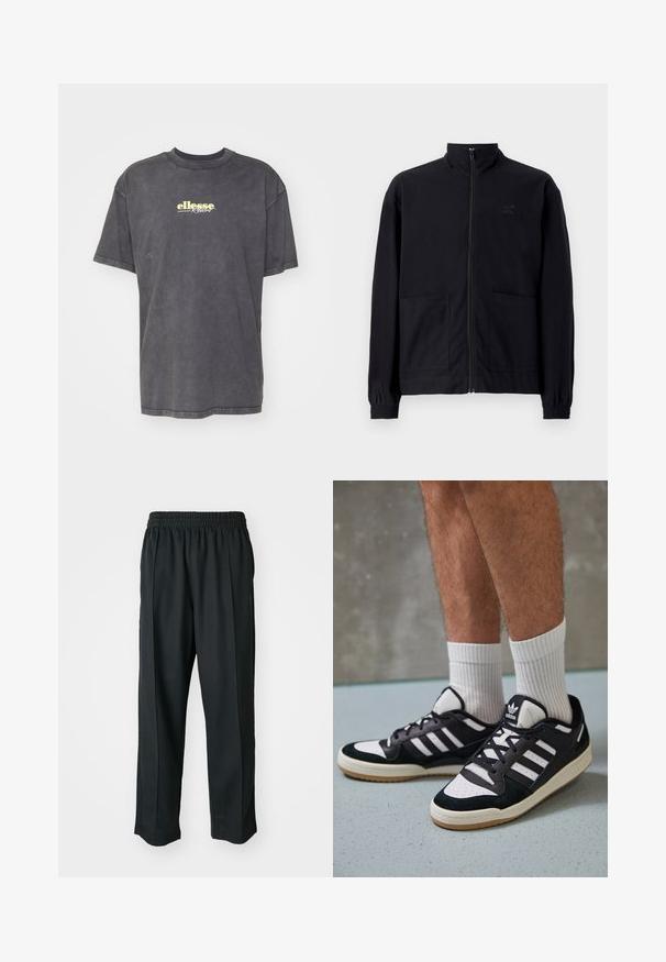 Μαύρο μπουφάν με φερμουάρ από υφασμάτινη υφή, διαθέτει όρθιο γιακά, δύο μπροστινές τσέπες και ελαστικούς ρυθμιστές στους καρπούς. Διακριτική λεπτομέρεια λογότυπου.; Γκρι oversized T-shirt από μαλακό βαμβάκι, με στρογγυλή λαιμόκοψη και κοντά μανίκια. Στο μπροστινό μέρος υπάρχει το κίτρινο λογότυπο "ellesse Resort".; Μαύρο αθλητικό παντελόνι με ελαστική μέση, κατασκευασμένο από λείο ύφασμα, με διακριτική ραφή στο πλάι και χαλαρή εφαρμογή, σχέδιο ίσιου ποδιού.; Μαύρα και λευκά αθλητικά παπούτσια με άνω μέρος από σουέτ και δέρμα, featuring τρεις λευκές ρίγες, περατά δάχτυλα και σόλα από καουτσούκ τύπου γκαστ.