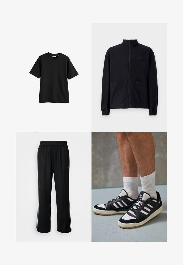 Fekete, cipzáros dzseki, textúrált anyagból, álló gallérral, két elülső zsebbel és rugalmas mandzsettával. Diszkrét logó részlet.; Fekete pamut póló rövid ujjakkal, kerek nyakkivágással és lazaillattal. Simább textúra, látható minták vagy díszítések nélkül.; Fekete sportnadrág rugalmas derékrésszel, fehér oldalsávokkal és egy kis logóval. Az anyaga lágy és könnyűnek tűnik.; Fekete-fehér tornacipők velúr és bőr felsőrésszel, három fehér csíkkal, perforált orral és gumi talppal.