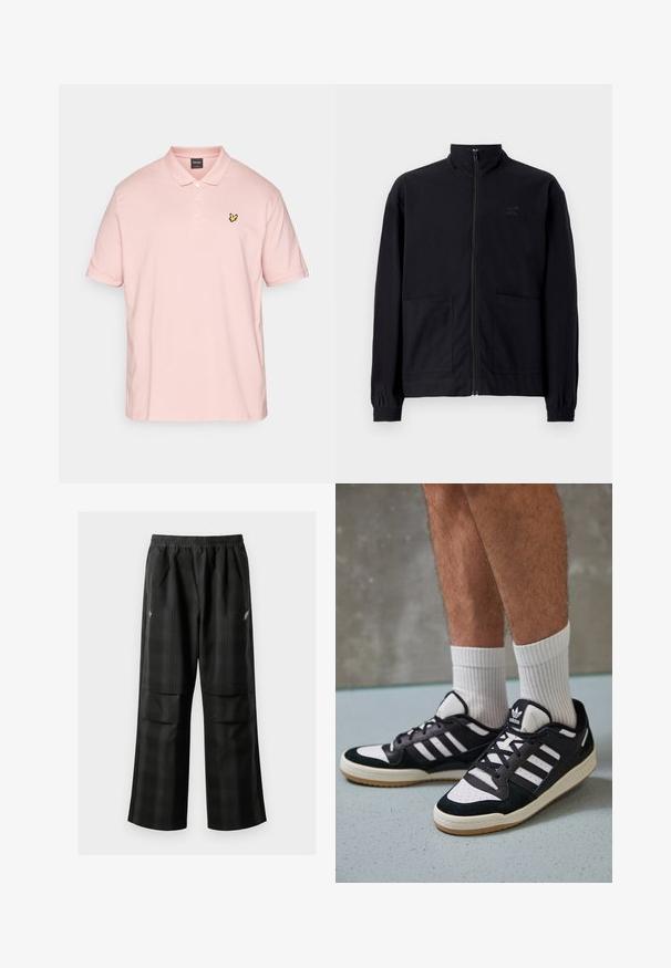 Zwarte zip-up jack van textuurstof met een staande kraag, twee voorzakken en elastische manchetten. Subtiel logo-detail.; Lyle & Scott PLAIN - Poloshirt - palm pink; Zwarte geruite broek met een elastische tailleband, twee voorzakken en een losse pasvorm met een rechte pijpdesign. Gemaakt van lichtgewicht materiaal.; Zwart-witte sneakers met een bovenwerk van suede en leer, voorzien van drie witte strepen, een geperforeerde neus en een rubberen gumzool.