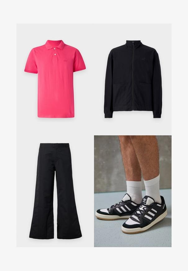 Czarna kurtka zapinana na zamek, wykonana z teksturowanej tkaniny, z kołnierzem stojącym, dwoma przednimi kieszeniami i elastycznymi mankietami. Subtelny detal z logo.; Jasnoróżowa koszulka polo wykonana z bawełny, z klasycznym kołnierzykiem, zapięciem na trzy guziki oraz haftowanym logo 'GAP' na piersi.; Czarne spodnie w szerokim kroju wykonane z gładkiego materiału, z przodu mają fałdy i elastyczny pas. Prosta forma bez widocznych wzorów czy akcentów.; Czarno-białe sneakersy z zamszową i skórzaną cholewką, z trzema białymi paskami, perforowanym czubkiem i gumową podeszwą w kolorze gumy.
