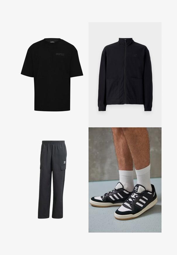 Schwarze Zip-Jacke aus strukturiertem Stoff mit Stehkragen, zwei Fronttaschen und elastischen Bündchen. Subtiler Logodruck.; Schwarzes Baumwoll-T-Shirt mit kurzen Ärmeln, rundem Ausschnitt und einem dezenten "DROPSIZE"-Logo auf der linken Brust. Reguläre Passform.; Schwarze Cargo-Hosen mit einem elastischen Bund, zwei Seitentaschen und einem dezenten Logo auf dem linken Oberschenkel. Hergestellt aus einem leichten Stoff.; Schwarz-weiße Sneaker mit einem Obermaterial aus Wildleder und Leder, ausgestattet mit drei weißen Streifen, einer perforierten Zehenpartie und einer Sohle aus Gummi.