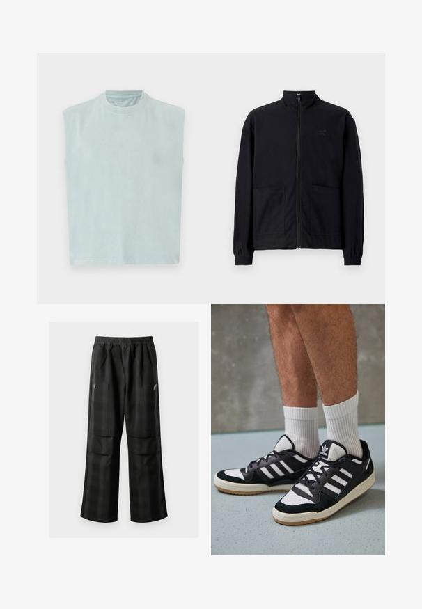 Mustast zip-up jakkidest, mis on valmistatud tekstureeritud kangast, on püstkaelus, kaks esist taskut ja elastsed mansetid. Diskreetne logo detail.; Hele sinine ilma varrukateta t-särk ümmarguse kaelusega, pehmest kangast, sirge lõike ja minimalistliku disainiga.; Mustas ruudulised püksid, millel on elastne vöökoht, kaks esimest taskut ja laiem lõige sirge jala disainiga. Valmistatud kergest materjalist.; Mustvalged ja valged spordijalatsid, mille pealmine osa on valmistatud suede'ist ja nahast. Kingadel on kolm valget riba, auguline varvas ja kummist tald.