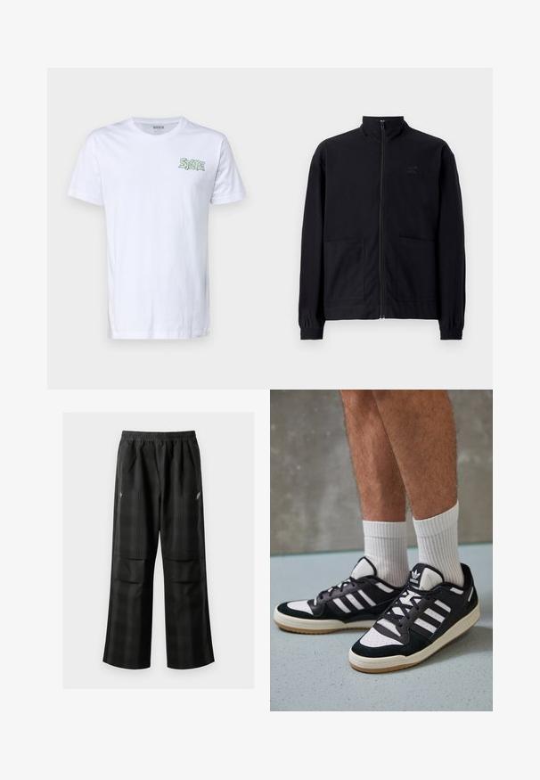 Čierna zapínacia bunda vyrobená z textúrovanej látky, s vysokým golierom, dvoma prednými vreckami a elastickými manžetami. Diskrétne logo.; Stance OZONE - Tričko s potlačou - white; Čierne kockované nohavice s elastickým pásom, dvoma prednými vreckami a voľným strihom so rovnými nohavicami. Vyrobené z ľahkého materiálu.; Čierno-biele tenisky s vrchom z semišu a kože, s troma bielymi pruhmi, perforovanou špičkou a gumovou podrážkou.