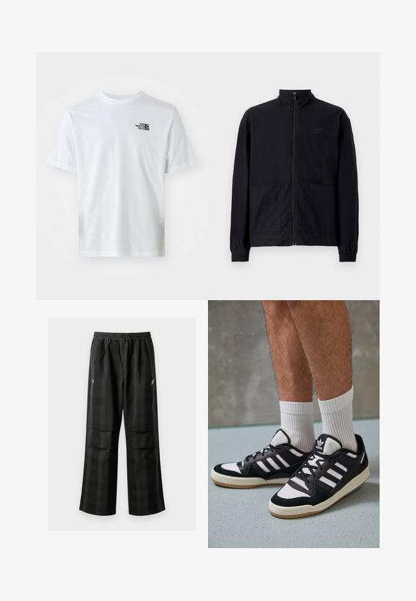 Mustast zip-up jakkidest, mis on valmistatud tekstureeritud kangast, on püstkaelus, kaks esist taskut ja elastsed mansetid. Diskreetne logo detail.; Valge puuvillane t-särk lühikeste varrukatega, ümar kaelus ja väike must logo rinnal. Standardne lõige, sile tekstuur, ilma mustriteta.; Mustas ruudulised püksid, millel on elastne vöökoht, kaks esimest taskut ja laiem lõige sirge jala disainiga. Valmistatud kergest materjalist.; Mustvalged ja valged spordijalatsid, mille pealmine osa on valmistatud suede'ist ja nahast. Kingadel on kolm valget riba, auguline varvas ja kummist tald.