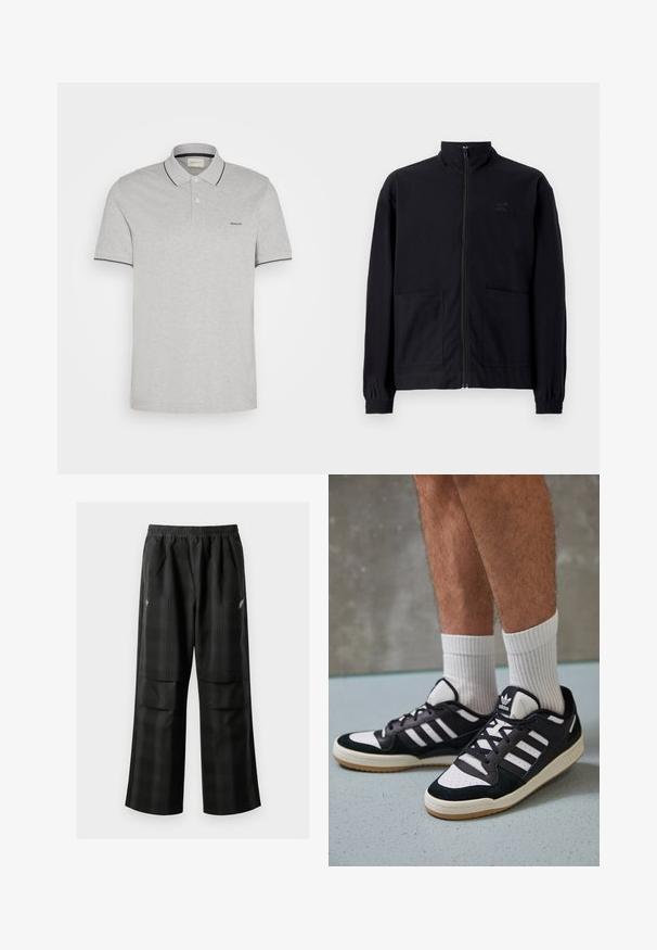 Musta vetoketjullinen takki, joka on valmistettu teksturoidusta kankaasta. Takissa on pystykaulus, kaksi etutaskua ja elastiset hihansuut. Huomaamaton logotyyli.; Harmaa polo-paitaa pehmeästä kankaasta, jossa on kaksinappinen kaulus, laivastonsiniset yksityiskohdat kauluksessa ja hihoissa sekä hienovarainen logo-ompelu.; Mustat ruudulliset housut, joissa on joustava vyötärö, kaksi etutaskua ja rento istuvuus suoralla lahkeella. Valmistettu kevyestä materiaalista.; Valkoiset ja mustat tennarit, joissa on mokkanahka- ja nahkapäällinen, kolme valkoista raitaa, rei'itetty kärki ja kumipohja.