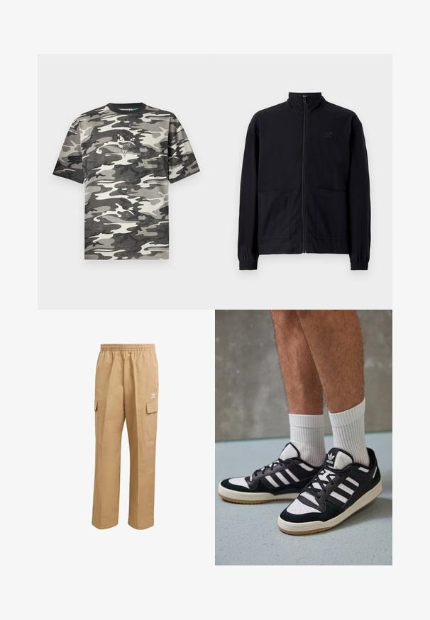 Black zip-up jacket made of textured fabric featuring a standing collar, two front pockets, and elasticized cuffs. Subtle logo detail.; Camo T-shirt in gray, black, and beige with short sleeves, crew neck, and a small logo on the chest. Made of soft cotton.; Light brown cargo pants with an elastic waistband, two side cargo pockets, and a small white logo on the upper left thigh. Smooth texture.; Black and white sneakers with a suede and leather upper, featuring three white stripes, a perforated toe, and a gum rubber sole.