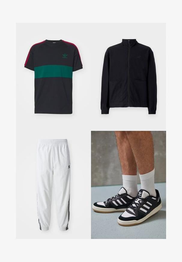 Jachetă zip-up neagră, realizată dintr-un material texturat, cu guler în picioare, două buzunare frontale și manșete elastice. Detaliu subtil cu logo.; Tricou din bumbac cu un corp negru, bandă orizontală verde și accente roșii pe umeri. Prezintă un mic logo Adidas verde pe piept.; Pantaloni atletici albi cu dungi negre pe lateral, talie elastică și manșete; prezintă logo-ul Adidas pe coapsa stângă. Textură a țesăturii netedă.; Adidași negri și albi cu un superior din suede și piele, prevăzuți cu trei dungi albe, un vârf perforat și o talpă din cauciuc caramel.