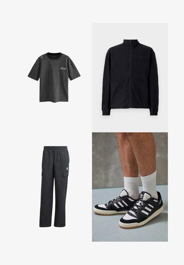 Crna jakna na patent s teksturiranim materijalom koja ima stojeći ovratnik, dva prednja džepa i elastične manžete. Suptilan detalj s logotipom.; Majica s kratkim rukavima, crno-bijelih pruga i okruglim izrezom. Ima natpis "Kopenhagen" na prednjoj strani. Izrađena je od glatkog materijala.; Crne cargo hlače s elastičnim pojasom, dva bočna džepa i suptilan logo na lijevom bedru. Izrađene su od lagane tkanine.; Crne i bijele tenisice s gornjim dijelom od antilopa i kože, s tri bijele pruge, perforiranim prstom i gumiranim potplatom.