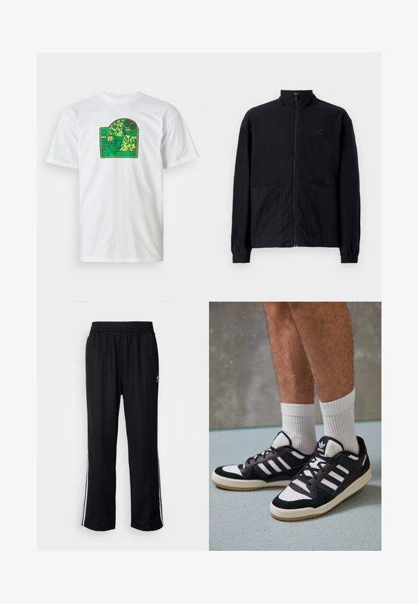 Svart zip-up jakke laget av teksturert stoff med stående krage, to frontlommer og elastiske mansjetter. Diskret logo detalj.; Hvit bomull T-skjorte med et grønt kretskortgrafikk som har intrikate mønstre, røde detaljer og et lagdelt designelement.; Sorte treningsbukser med elastisk midjebånd, med hvite sidestiper og en liten logo. Materialet ser mykt og lett ut.; Sorte og hvite sneakers med overdel i semsket skinn og lær, med tre hvite striper, perforert tå og en såle av gummi.