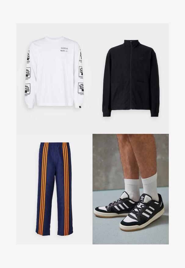 Fekete, cipzáros dzseki, textúrált anyagból, álló gallérral, két elülső zsebbel és rugalmas mandzsettával. Diszkrét logó részlet.; Fehér, hosszú ujjú pamut póló, fekete nyomott grafikákkal mindkét ujján és az elülső részén, bordázott mandzsettával.; Kék tréningnadrág, amelyet teljes felületén minta díszít, narancssárga csíkokkal az oldalán, kényelmes elasztikus derekával és laza szabásával.; Fekete-fehér tornacipők velúr és bőr felsőrésszel, három fehér csíkkal, perforált orral és gumi talppal.