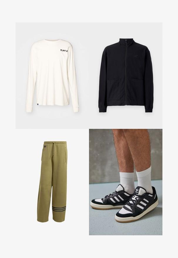 Černá zipová bunda vyrobená z texturované tkaniny, s vysokým límcem, dvěma předními kapsami a elastickými manžetami. Jemný detail loga.; Dlouhý rukáv, off-white bavlněná košile s kulatým výstřihem. Má malé černé logo na levém hrudi. Měkká textura, uvolněný střih.; Olivově zelené tepláky vyrobené z měkkého materiálu, s dvěma bočními kapsami a černým designem tří pruhů na lemu. Pas na stažení.; Černobílé tenisky s vrchní částí z semišové a kožené kůže, včetně tří bílých pruhů, perforovaného špičky a podrážky z gumy.