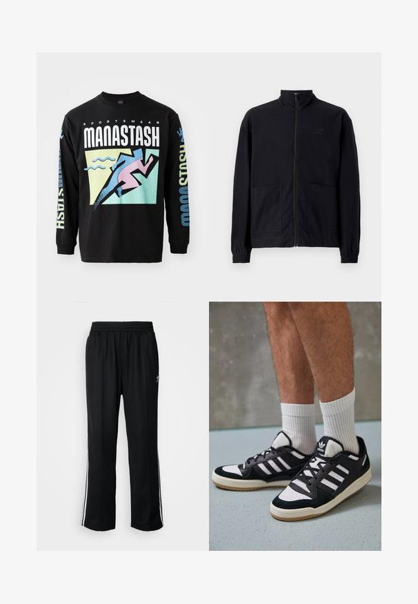 Černá zipová bunda vyrobená z texturované tkaniny, s vysokým límcem, dvěma předními kapsami a elastickými manžetami. Jemný detail loga.; Černé tričko s dlouhým rukávem, které obsahuje grafický design s běžcem v růžové, geometrickými tvary a textem v bílé a modré barvě, vyrobené z bavlny.; Černé sportovní kalhoty s elastickým pasem, s bílými bočními pruhy a malým logem. Materiál vypadá měkce a lehce.; Černobílé tenisky s vrchní částí z semišové a kožené kůže, včetně tří bílých pruhů, perforovaného špičky a podrážky z gumy.