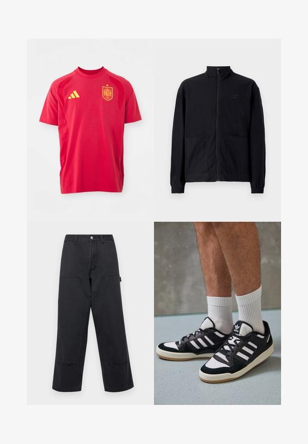 Černá zipová bunda vyrobená z texturované tkaniny, s vysokým límcem, dvěma předními kapsami a elastickými manžetami. Jemný detail loga.; Červené sportovní tričko z lehkého materiálu, s kulatým výstřihem, krátkými rukávy, žlutým logem Adidas a znakem národního týmu Španělska.; Černé kalhoty s širokým nohavicemi z denimu s velkými předními kapsami, rovný střih a kontrastní prošívání. Obsahují kovové zapínání na knoflík.; Černobílé tenisky s vrchní částí z semišové a kožené kůže, včetně tří bílých pruhů, perforovaného špičky a podrážky z gumy.