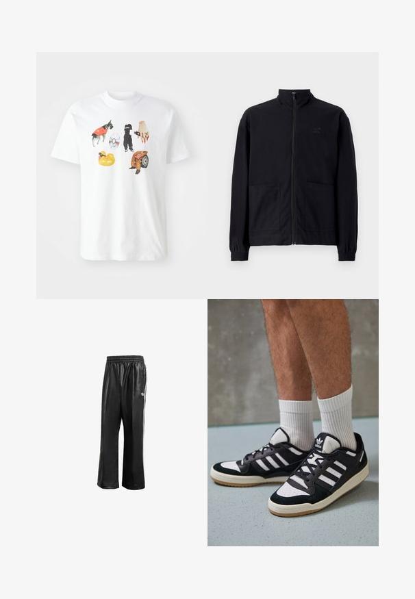 Černá zipová bunda vyrobená z texturované tkaniny, s vysokým límcem, dvěma předními kapsami a elastickými manžetami. Jemný detail loga.; Bílý bavlněný tričko s barevnými grafickými ilustracemi psa, dítěte, nafukovacího kruhu a různých doplňků.; Černé syntetické sportovní kalhoty s elastickým pasem, se bílými postranními pruhy a malým bílým logem na levém boku.; Černobílé tenisky s vrchní částí z semišové a kožené kůže, včetně tří bílých pruhů, perforovaného špičky a podrážky z gumy.
