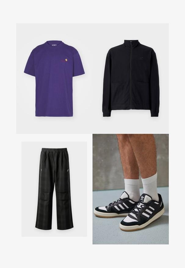 Sort zip-op jakke lavet af tekstureret stof med stående krave, to forlommer og elastiske manchetter. Diskret logo detalje.; Carhartt WIP AMERICAN SCRIPT - T-shirts basic - aura; Sorte ternede bukser med elastisk talje, to forlommer og en løs pasform med lige ben. Fremstillet af letvægtsmateriale.; Sorte og hvide sneakers med en overdel i ruskind og læder, der har tre hvide striber, en perforeret tå og en sål i gummigummi.