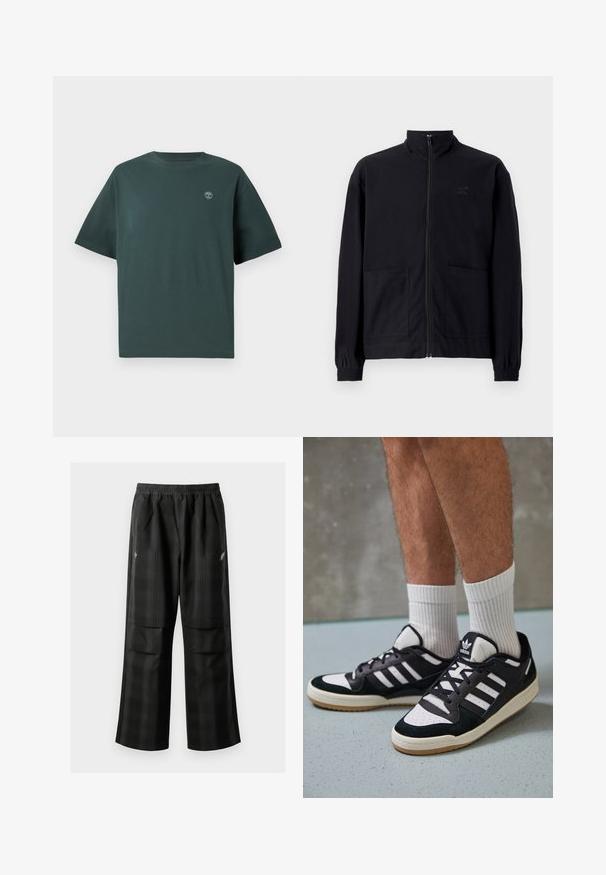 Melna zip-up jaka, izgatavota no struktūrētas auduma, ar stāvošu apkakli, divām priekšējām kabatām un elastīgām aprocēm. Diskreta logotipa detaļa.; Tumši zaļš kokvilnas T-krekls ar īsām piedurknēm, apaļu kakla izgriezumu un mazu gaiši zilu logo kreisajā krūtī. Gluda tekstūra, brīva piegriezuma.; Melnas kvadrātveida bikses ar elastīgu jostu, divām priekšējām kabatām un brīvu piegriezumu ar taisnām kājām. Izgatavotas no viegla materiāla.; Melnas un baltas kedas ar zamša un ādas augšdaļu, kas aprīkotas ar trim baltām svītrām, perforētu purngali un gumijas zolēm.