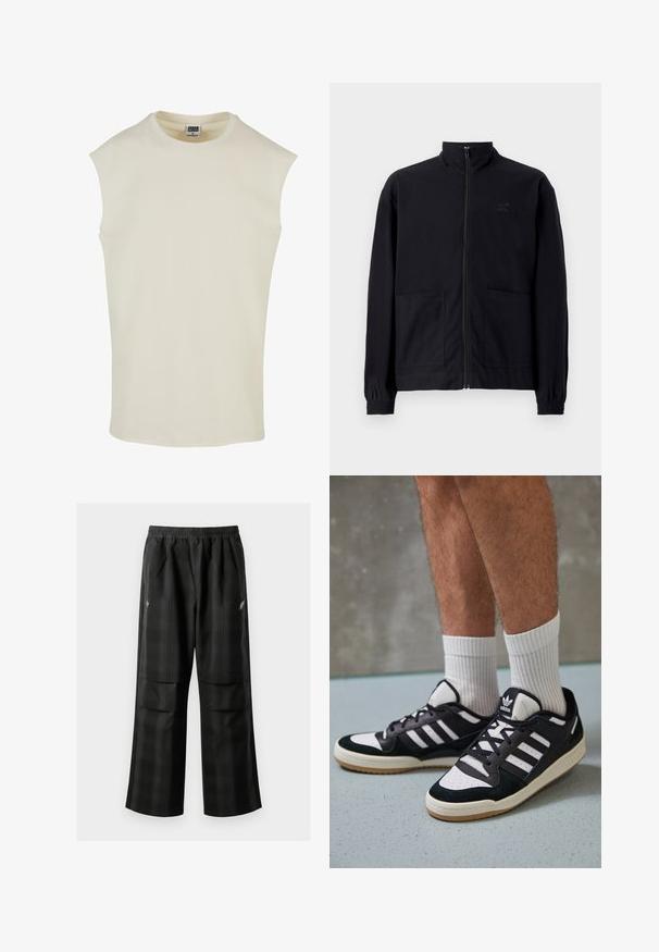 Schwarze Zip-Jacke aus strukturiertem Stoff mit Stehkragen, zwei Fronttaschen und elastischen Bündchen. Subtiler Logodruck.; Beige ärmelloses Baumwolloberteil mit Rundhalsausschnitt und abgerundetem Saum. Glatte Textur, minimalistisches Design, keine Muster oder Verzierungen.; Schwarze karierte Hosen mit elastischem Bund, zwei Fronttaschen und lockerer Passform im geraden Beinschnitt. Hergestellt aus leichtem Material.; Schwarz-weiße Sneaker mit einem Obermaterial aus Wildleder und Leder, ausgestattet mit drei weißen Streifen, einer perforierten Zehenpartie und einer Sohle aus Gummi.