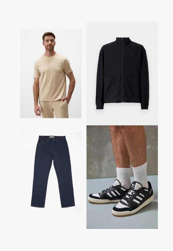 Czarna kurtka zapinana na zamek, wykonana z teksturowanej tkaniny, z kołnierzem stojącym, dwoma przednimi kieszeniami i elastycznymi mankietami. Subtelny detal z logo.; Jimmy Key - T-shirt basic; Ciemnoniebieskie dżinsy wykonane z denimu, o prostym kroju, pięciokomorowym designie i kontrastowym przeszyciu wzdłuż szwów.; Czarno-białe sneakersy z zamszową i skórzaną cholewką, z trzema białymi paskami, perforowanym czubkiem i gumową podeszwą w kolorze gumy.