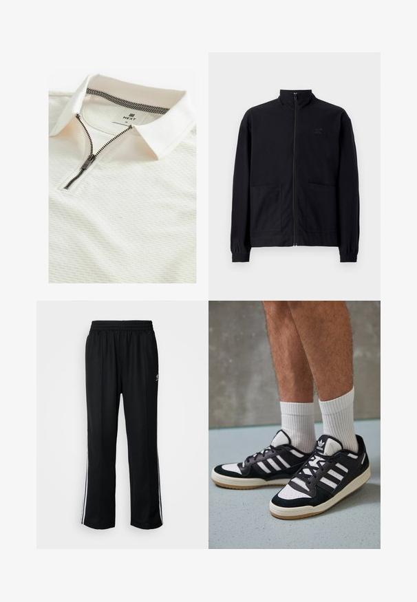 Sort zip-op jakke lavet af tekstureret stof med stående krave, to forlommer og elastiske manchetter. Diskret logo detalje.; Hvid polo shirt med et struktureret mønster, lynlås lukning og et ternet kraveinteriør. Mærket siger "NEXT" med størrelse "M."; Sorte træningsbukser med elastisk talje, der har hvide sidestænger og et lille logo. Materialet ser blødt og let ud.; Sorte og hvide sneakers med en overdel i ruskind og læder, der har tre hvide striber, en perforeret tå og en sål i gummigummi.