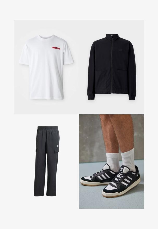 Black zip-up jacket made of textured fabric featuring a standing collar, two front pockets, and elasticized cuffs. Subtle logo detail.; White cotton t-shirt featuring a round neck, short sleeves, and a small red graphic detail on the left chest area.; Black cargo pants with an elastic waistband, two side pockets, and a subtle logo on the left thigh. Made from a lightweight fabric.; Black and white sneakers with a suede and leather upper, featuring three white stripes, a perforated toe, and a gum rubber sole.
