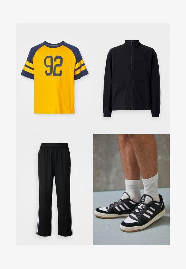 Melna zip-up jaka, izgatavota no struktūrētas auduma, ar stāvošu apkakli, divām priekšējām kabatām un elastīgām aprocēm. Diskreta logotipa detaļa.; Dzeltena kokvilnas T-krekls ar tumši zilu raglan piedurknēm. Priekšpusē ir skaitlis "92" tumši zilā krāsā un uz piedurknēm ir horizontālas svītras.; Melni sporta bikses ar elastīgu jostas vietu, kurām ir baltas sānu svītras un neliels logotips. Materiāls izskatās mīksts un viegls.; Melnas un baltas kedas ar zamša un ādas augšdaļu, kas aprīkotas ar trim baltām svītrām, perforētu purngali un gumijas zolēm.