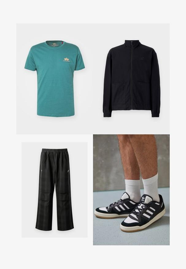 Černá zipová bunda vyrobená z texturované tkaniny, s vysokým límcem, dvěma předními kapsami a elastickými manžetami. Jemný detail loga.; Tyrkysové bavlněné tričko s kulatým výstřihem, krátkými rukávy a malým oranžovým logem na levé části hrudi. Hladká textura, ležérní design.; Černé kostkované kalhoty s elastickým pasem, dvěma předními kapsami a volným střihem se rovnými nohavicemi. Vyrobeny z lehkého materiálu.; Černobílé tenisky s vrchní částí z semišové a kožené kůže, včetně tří bílých pruhů, perforovaného špičky a podrážky z gumy.