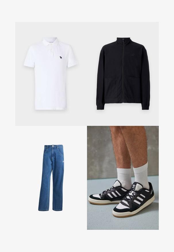 Mustast zip-up jakkidest, mis on valmistatud tekstureeritud kangast, on püstkaelus, kaks esist taskut ja elastsed mansetid. Diskreetne logo detail.; Valge puuvillane polo särk, klassikalise kraega, lühikeste varukatega ning väikese tumesinise logoga vasakul rinnal.; Sinine kõrge vöökohaga avar jakkidega teksapükse, millel on ees taskud, vöökoharingid, nupuga sulgemine ja väike Adidas'i logo paremal reiel.; Mustvalged ja valged spordijalatsid, mille pealmine osa on valmistatud suede'ist ja nahast. Kingadel on kolm valget riba, auguline varvas ja kummist tald.