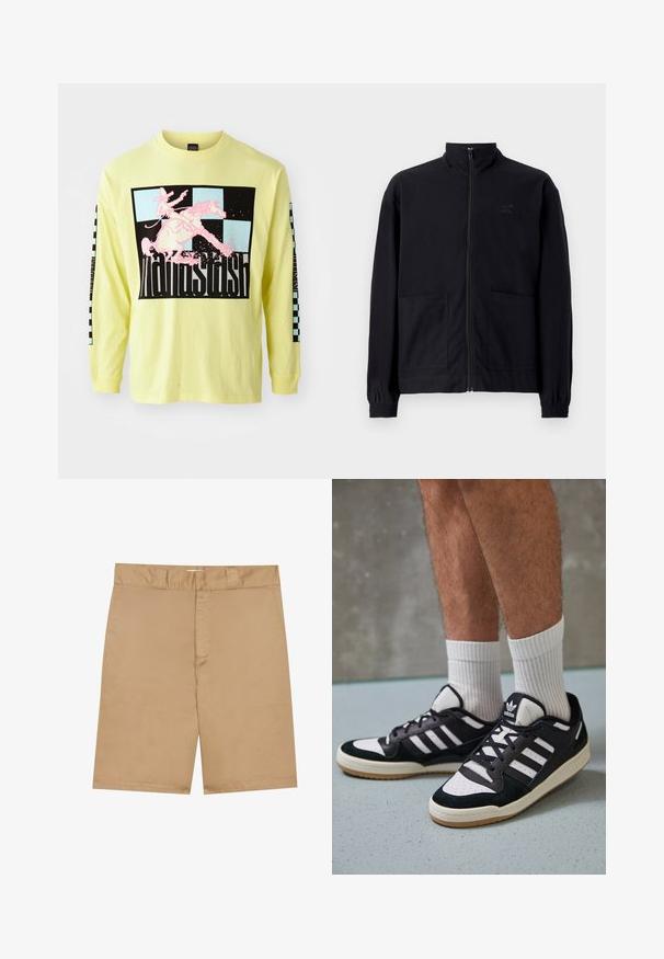 Black zip-up jacket made of textured fabric featuring a standing collar, two front pockets, and elasticized cuffs. Subtle logo detail.; Long-sleeve, bright yellow cotton t-shirt features a large black graphic with a pink cowboy on a horse and checkerboard patterns on the sleeves.; Khaki shorts with a flat waistband, zipper front, and side pockets; made from a smooth, lightweight fabric with a subtle texture.; Black and white sneakers with a suede and leather upper, featuring three white stripes, a perforated toe, and a gum rubber sole.