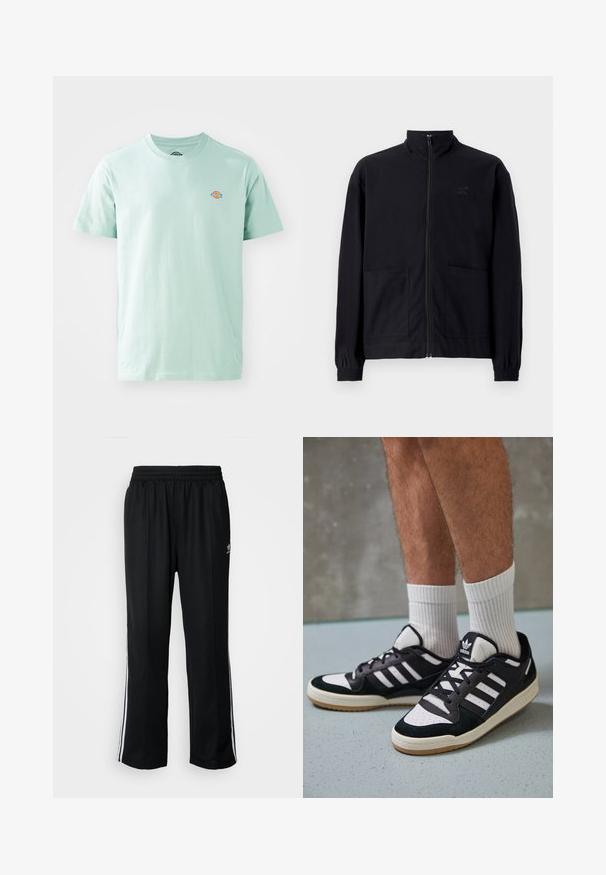 Čierna zapínacia bunda vyrobená z textúrovanej látky, s vysokým golierom, dvoma prednými vreckami a elastickými manžetami. Diskrétne logo.; Svetlozelená bavlnená tričko s okrúhlym výstrihom a krátkymi rukávmi. Obsahuje malé, farebné logo na hrudi.; Čierne športové nohavice s elastickým pásom, s bielymi bočnými prúžkami a malým logom. Materiál vyzerá byť mäkký a ľahký.; Čierno-biele tenisky s vrchom z semišu a kože, s troma bielymi pruhmi, perforovanou špičkou a gumovou podrážkou.