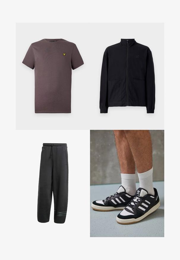 Schwarze Zip-Jacke aus strukturiertem Stoff mit Stehkragen, zwei Fronttaschen und elastischen Bündchen. Subtiler Logodruck.; Ein einfarbiges, kurzärmliges braunes T-Shirt mit kleinem gelben Vogel-Logo auf der linken Brust, vor einem hellen Hintergrund präsentiert.; Schwarze Sweatpants mit lockerer Passform, elastischem Bund, Kordelzug, Seitentaschen und drei subtilen horizontalen Streifen am Knöchel.; Schwarz-weiße Sneaker mit einem Obermaterial aus Wildleder und Leder, ausgestattet mit drei weißen Streifen, einer perforierten Zehenpartie und einer Sohle aus Gummi.