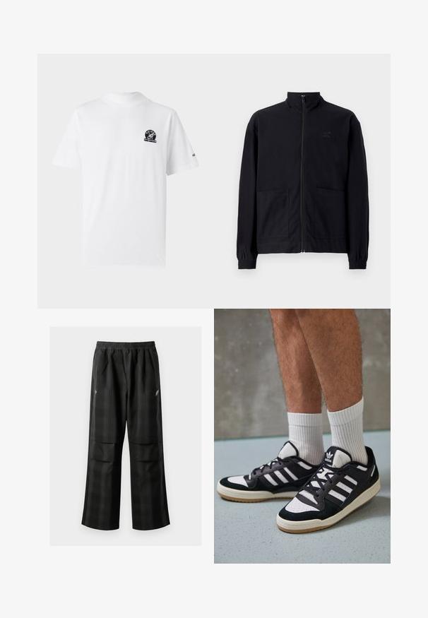 Schwarze Zip-Jacke aus strukturiertem Stoff mit Stehkragen, zwei Fronttaschen und elastischen Bündchen. Subtiler Logodruck.; Weißes Baumwoll-T-Shirt mit kurzen Ärmeln. Verfügt über ein schwarzes Logo auf der linken Brust und ein kleines Logo auf dem rechten Ärmel. Klassische Passform.; Schwarze karierte Hosen mit elastischem Bund, zwei Fronttaschen und lockerer Passform im geraden Beinschnitt. Hergestellt aus leichtem Material.; Schwarz-weiße Sneaker mit einem Obermaterial aus Wildleder und Leder, ausgestattet mit drei weißen Streifen, einer perforierten Zehenpartie und einer Sohle aus Gummi.