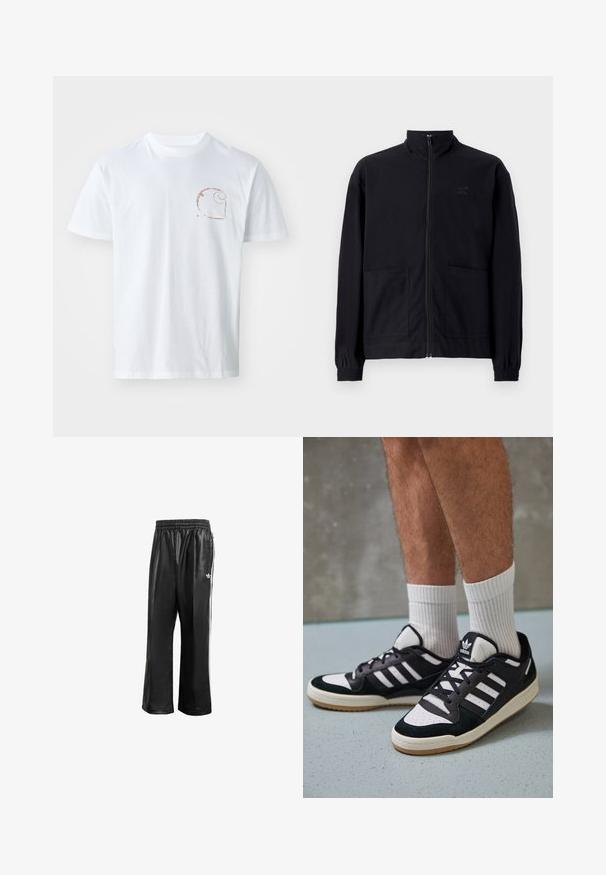 Mustast zip-up jakkidest, mis on valmistatud tekstureeritud kangast, on püstkaelus, kaks esist taskut ja elastsed mansetid. Diskreetne logo detail.; Valge puuvillane T-särk, millel on vasakul rinnal väike pruun spiraallogo, lühikeste varrukate ja ümmarguse kaelusega disain.; Mustad sünteetilised spordipüksid mustas värvuses, elastse vöökohaga, valgete külgmiste triipudega ja vasakul puusal väikese valge logoga.; Mustvalged ja valged spordijalatsid, mille pealmine osa on valmistatud suede'ist ja nahast. Kingadel on kolm valget riba, auguline varvas ja kummist tald.