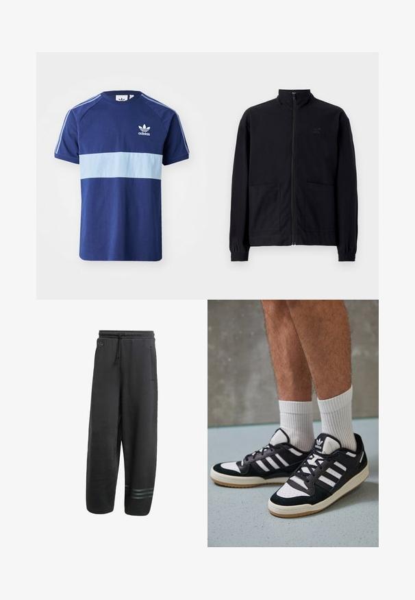 Zwarte zip-up jack van textuurstof met een staande kraag, twee voorzakken en elastische manchetten. Subtiel logo-detail.; Marineblauwe T-shirt met een lichtblauwe horizontale streep, korte mouwen, ronde hals, Adidas-logo op de borst en contrasterende schouderstrepen.; Zwarte sweatpants met een losse pasvorm, elastische tailleband, trekkoord, zijzakken en drie subtiele horizontale strepen bij de enkels.; Zwart-witte sneakers met een bovenwerk van suede en leer, voorzien van drie witte strepen, een geperforeerde neus en een rubberen gumzool.
