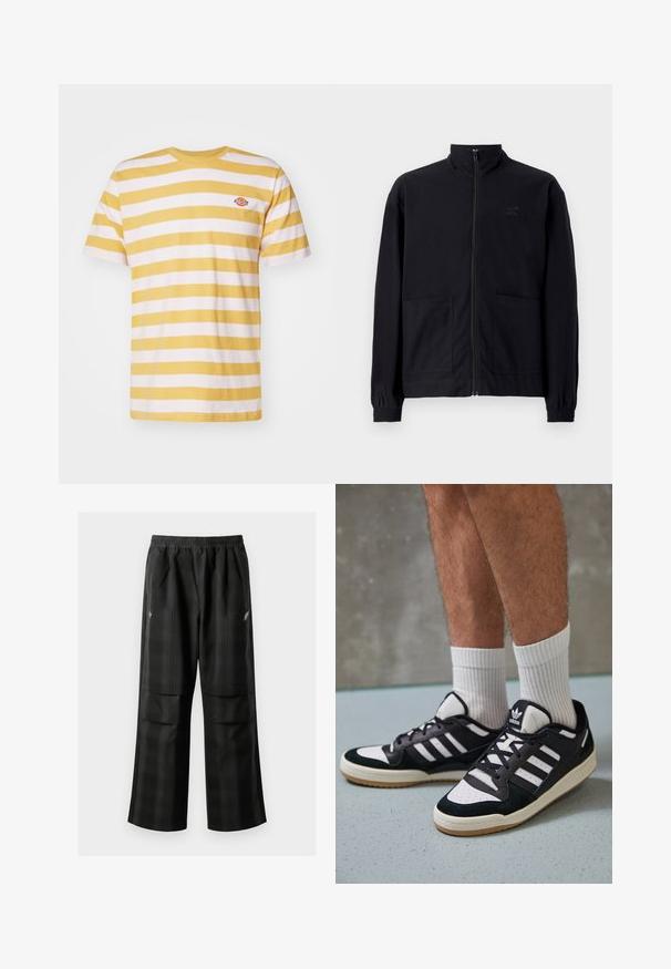 Černá zipová bunda vyrobená z texturované tkaniny, s vysokým límcem, dvěma předními kapsami a elastickými manžetami. Jemný detail loga.; Žluté a bílé pruhované tričko s krátkým rukávem a kulatým výstřihem, s malou značkovou nášivkou na hrudi.; Černé kostkované kalhoty s elastickým pasem, dvěma předními kapsami a volným střihem se rovnými nohavicemi. Vyrobeny z lehkého materiálu.; Černobílé tenisky s vrchní částí z semišové a kožené kůže, včetně tří bílých pruhů, perforovaného špičky a podrážky z gumy.