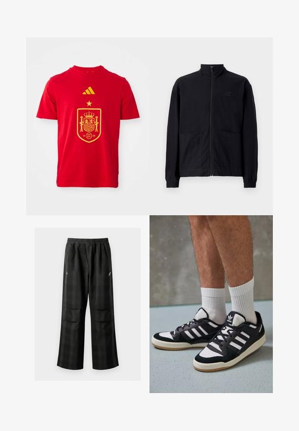 Čierna zapínacia bunda vyrobená z textúrovanej látky, s vysokým golierom, dvoma prednými vreckami a elastickými manžetami. Diskrétne logo.; Červené bavlnené tričko s žltým erbom španielskej národnej reprezentácie, ktorý má korunu, hviezdu nad ňou a logo Adidas v hornom ľavom rohu.; Čierne kockované nohavice s elastickým pásom, dvoma prednými vreckami a voľným strihom so rovnými nohavicami. Vyrobené z ľahkého materiálu.; Čierno-biele tenisky s vrchom z semišu a kože, s troma bielymi pruhmi, perforovanou špičkou a gumovou podrážkou.