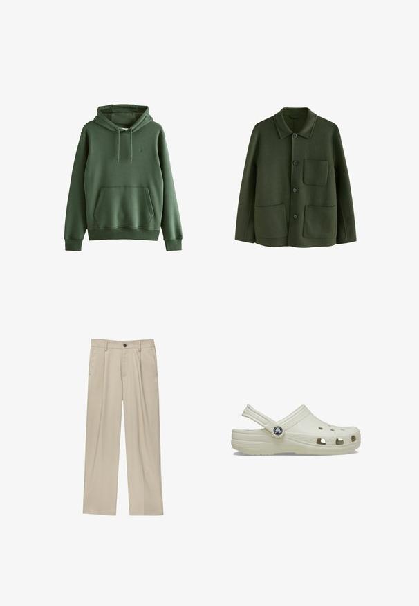 Grüne Wolljacke mit Kragen, Knopfverschluss vorne und zwei aufgesetzten Taschen, ausgestattet mit einer weichen Textur.; Grüne Baumwollkapuzenjacke mit einer Vordertasche, verstellbarem Kordelzug an der Kapuze, gerippten Bündchen und einem kleinen Logo. Gen texture, lässiges Design.; Beige Hosen mit geradem Schnitt, ausgestattet mit einem einzelnen schwarzen Knopf, Gürtelschlaufen und Seitentaschen. Glatte Stofftextur und minimalistisches Design.; Cremfarbener Gummischuh mit Rückenriegel, Belüftungsöffnungen, texturiertem Obermaterial und erhöhten Kanten. Verfügt über ein rundes Logo-Element an der Seite.