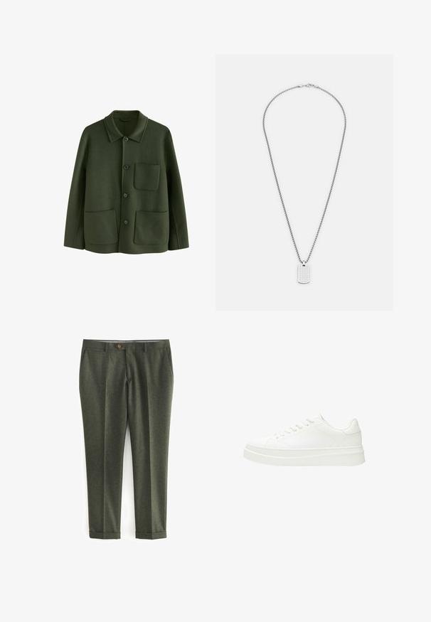 Grön ulljacka med krage, framknäppning och två bröstfickor, avslutad med en mjuk textur.; Vit kortärmad skjorta med knappslå framtill, krage och en bröstficka. Tillverkad av lätt tyg med en slät textur.; Mörkgröna byxor i texturerat tyg, med sidofickor, knappstängning framtill och uppvikta muddar för en skräddarsydd look.; Vit sneaker med en slät läderöverdela, platta snören och en tjock gummisula. Minimalistisk design med subtil sömnad och sömlösa detaljer.; Silverfärgad halskedja med en flätad hundtagspendel. Kedjan har en hummerklämma och en jämn yta genom hela.