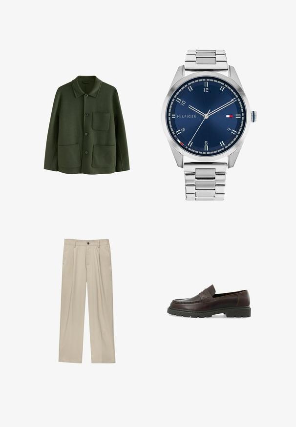 Grøn uldjakke med kravehals, frontknaplukning og to påsyede lommer, afsluttet med en blød tekstur.; Brun polo-shirt lavet af glat stof, med en lynlåskrage, korte ærmer og en skræddersyet pasform. Ingen mønstre eller accenter synlige.; Beige bukser med lige snit, der har en enkelt sort knap, bæltestropper og sidelommer. Glat stoftekstur og minimalistisk design.; Mørkebrune læderloafers med en struktureret overflade, rund tå og en chunky sort gummisål. Har en dekorativ syet detalje.; Sølvmetal ur med en børstet blå urskive, hvide timemarkører og en datovisning. Har et sammenkædet metalarmbånd og brandlogo.