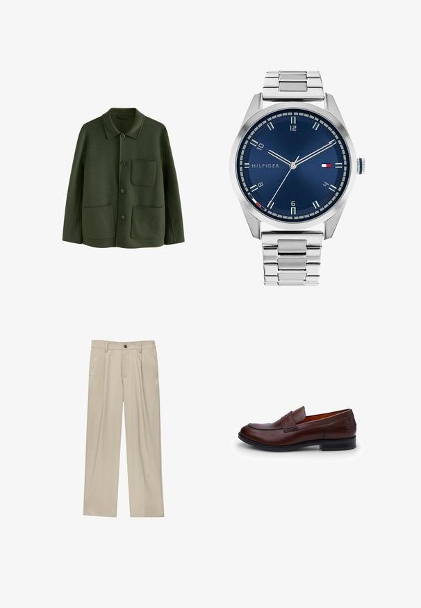 Zelena vunena jakna s ovratnikom, prednjim kopčanjem na dugmad i dva položena džepa, završena mekanom teksturom.; Smeđa polo majica od glatkog materijala, s ovratnikom na zatvarač, kratkim rukavima i prilagođenim krojem. Nema vidljivih uzoraka ili akcenata.; Bež hlače ravnog kroja s jednim crnim gumbom, petljama za remen i bočnim džepovima. Glatka tekstura tkanine i minimalistički dizajn.; Smeđi kožni loafer s glatkom površinom, zaobljenim vrhom, kontrastnim šavovima i niskim petama. Sadrži dekorativnu traku preko gornjeg dijela.; Srebrni metalni sat s četkanim plavim brojčanikom, bijelim oznakama sati i prikazom datuma. Ima povezan metalni remen i logo marke.