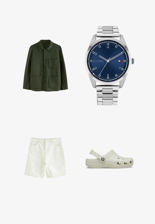 Groene wollen jas met een kraaghalslijn, sluiting met knopen aan de voorkant en twee opgestikte zakken, afgewerkt met een zachte textuur.; Bruine polo shirt van gladde stof, met een ritskraag, korte mouwen en een getailleerde pasvorm. Geen patronen of accenten zichtbaar.; Witte denim shorts met een rechte snit, voorzien van vijf zakken, een knoopsluiting aan de voorkant en zichtbare stiksels. Glad uiterlijk.; Crème-kleurige rubberen klomp met een achterkantband, ventilatiegaten, een textuur op de bovenkant en verhoogde randen. Beschikt over een ronde logo-accent aan de zijkant.; Zilveren metalen horloge met een geborstelde blauwe wijzerplaat, witte uurmarkeringen en een datumweergave. Voorzien van een geschakelde metalen band en het logo van het merk.