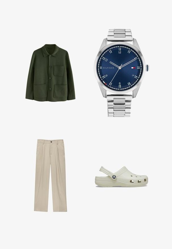 Groene wollen jas met een kraaghalslijn, sluiting met knopen aan de voorkant en twee opgestikte zakken, afgewerkt met een zachte textuur.; Bruine polo shirt van gladde stof, met een ritskraag, korte mouwen en een getailleerde pasvorm. Geen patronen of accenten zichtbaar.; Beige broek met een rechte snit, voorzien van een enkele zwarte knoop, riemlussen en zijzakken. Glad stoffen textuur en een minimalistisch ontwerp.; Crème-kleurige rubberen klomp met een achterkantband, ventilatiegaten, een textuur op de bovenkant en verhoogde randen. Beschikt over een ronde logo-accent aan de zijkant.; Zilveren metalen horloge met een geborstelde blauwe wijzerplaat, witte uurmarkeringen en een datumweergave. Voorzien van een geschakelde metalen band en het logo van het merk.