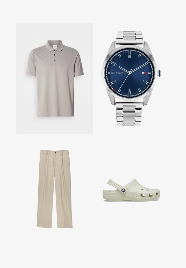 Grüne Wolljacke mit Kragen, Knopfverschluss vorne und zwei aufgesetzten Taschen, ausgestattet mit einer weichen Textur.; Graues Kurzarm-Polohemd aus glattem Stoff, mit einem klassischen Kragen und drei schwarzen Knöpfen. Dezentes vertikales Rippmuster über das gesamte Hemd.; Beige Hosen mit geradem Schnitt, ausgestattet mit einem einzelnen schwarzen Knopf, Gürtelschlaufen und Seitentaschen. Glatte Stofftextur und minimalistisches Design.; Cremfarbener Gummischuh mit Rückenriegel, Belüftungsöffnungen, texturiertem Obermaterial und erhöhten Kanten. Verfügt über ein rundes Logo-Element an der Seite.; Silberne Metall-Uhr mit einem gebürsteten blauen Zifferblatt, weißen Stundenmarkierungen und einem Datumsanzeiger. Verfügt über ein verlinktes Metallarmband und ein Markenlogo.