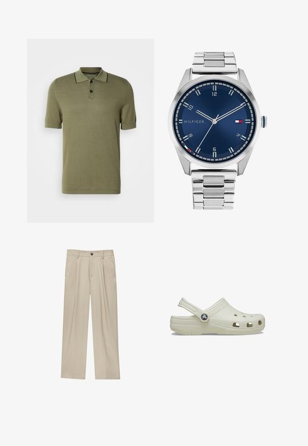 Groene wollen jas met een kraaghalslijn, sluiting met knopen aan de voorkant en twee opgestikte zakken, afgewerkt met een zachte textuur.; Olijfgroen polo shirt met korte mouwen, voorzien van twee zwarte knopen en zwarte rand langs de kraag.; Beige broek met een rechte snit, voorzien van een enkele zwarte knoop, riemlussen en zijzakken. Glad stoffen textuur en een minimalistisch ontwerp.; Crème-kleurige rubberen klomp met een achterkantband, ventilatiegaten, een textuur op de bovenkant en verhoogde randen. Beschikt over een ronde logo-accent aan de zijkant.; Zilveren metalen horloge met een geborstelde blauwe wijzerplaat, witte uurmarkeringen en een datumweergave. Voorzien van een geschakelde metalen band en het logo van het merk.