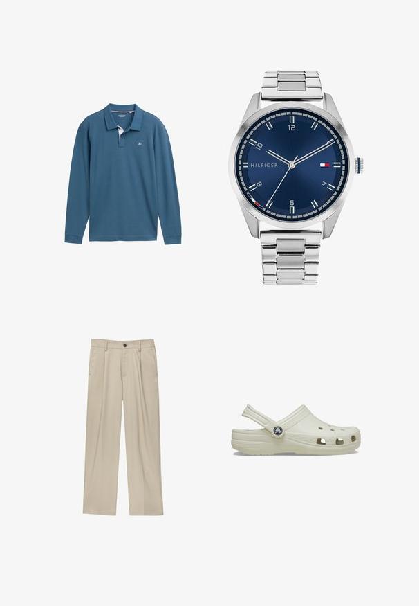 Groene wollen jas met een kraaghalslijn, sluiting met knopen aan de voorkant en twee opgestikte zakken, afgewerkt met een zachte textuur.; Korte mouwen, polostijl shirt in teal katoen, met een witte onderkraag, drie knopen en een klein logo op de borst.; Beige broek met een rechte snit, voorzien van een enkele zwarte knoop, riemlussen en zijzakken. Glad stoffen textuur en een minimalistisch ontwerp.; Crème-kleurige rubberen klomp met een achterkantband, ventilatiegaten, een textuur op de bovenkant en verhoogde randen. Beschikt over een ronde logo-accent aan de zijkant.; Zilveren metalen horloge met een geborstelde blauwe wijzerplaat, witte uurmarkeringen en een datumweergave. Voorzien van een geschakelde metalen band en het logo van het merk.