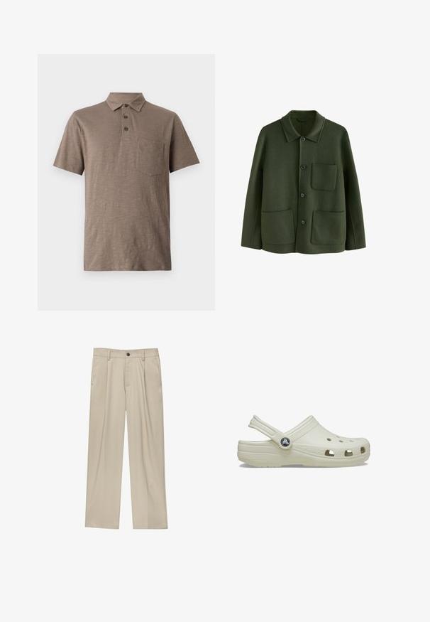 Groene wollen jas met een kraaghalslijn, sluiting met knopen aan de voorkant en twee opgestikte zakken, afgewerkt met een zachte textuur.; Korte mouwen polo shirt in lichtbruin, gemaakt van zachte stof. Voorzien van een kraag, drie knopen en een borstzakje.; Beige broek met een rechte snit, voorzien van een enkele zwarte knoop, riemlussen en zijzakken. Glad stoffen textuur en een minimalistisch ontwerp.; Crème-kleurige rubberen klomp met een achterkantband, ventilatiegaten, een textuur op de bovenkant en verhoogde randen. Beschikt over een ronde logo-accent aan de zijkant.