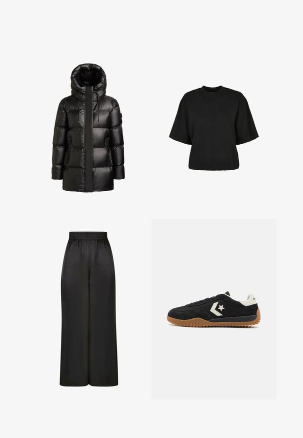Mustast pehmest talvejope kõrge krae, reguleeritava kapuutsi, esiosa luku ja tõmblukkudega küljetaskutega.; Must terav t-särk, mis on valmistatud puuvillast. Omab lühikesi varrukaid ja ümmargust kaelust. Sile tekstuur ja lihtne disain, ilma täiendavate mustriteta.; Mustad laiad püksid, mis on valmistatud siledast, läikivast kangast, millel on elastne vöökoht ja ilma nähtavate taskute või riistvara detailideta.; Must musta sneaker, millel on valge nahast kanna ja logo, tekstureeritud kummitald ja lame narmastik.