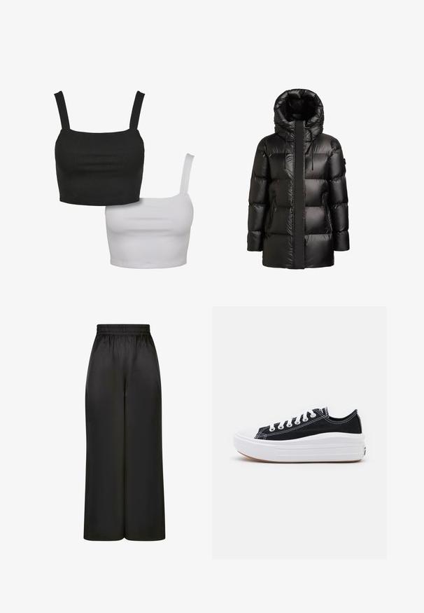 Black padded winter coat with a high collar, adjustable hood, front zipper closure, and zippered side pockets.; Two sleeveless crop tops, one black and one white, made from smooth fabric, featuring square necklines and adjustable straps.; Black wide-leg pants made of smooth, shiny fabric with an elastic waistband and no visible pockets or hardware details.; Black canvas sneakers with white laces, white rubber toe cap, and a chunky white midsole. Features subtle white stitching and a gum sole.