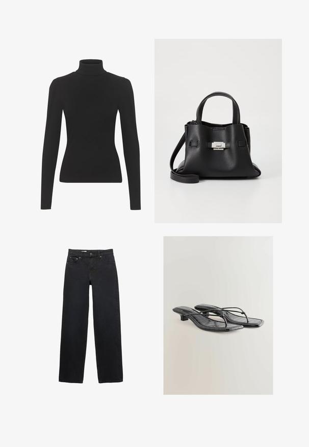 Gestuz SUMMER TRENCHCOAT - Jeansjacke - unwashed denim; Schwarzes Rollkragenoberteil aus geripptem Stoff, mit langen Ärmeln und einer taillierten Silhouette. Glatte Textur mit dezenten Schulterdetails.; Schwarze weit geschnittene Jeans aus Denim, mit fünf Taschen, einem Knopfverschluss, dezenten Nähten und einem geraden Schnitt von der Taille bis zum Saum.; Schwarze lackierte Kunstleder-Absatzsandalen mit quadratischer Zehenpartie, dünnen Riemen und Krokodilstruktur. Design mit niedrigem Blockabsatz.; Schwarze Ledertasche mit strukturiertem Finish, ausgestattet mit zwei oberen Griffen, einem abnehmbaren Schultergurt und einem silbernen Verschlussdetail.